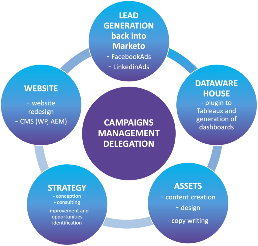 écosystème d'offres disponibles offertes par Merlin/Leonard supportant l'offer de délégation de campagnes de marketing automation